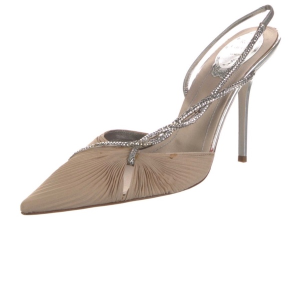 René Caovilla Satin Crystal Embellishments Slingback Pumps